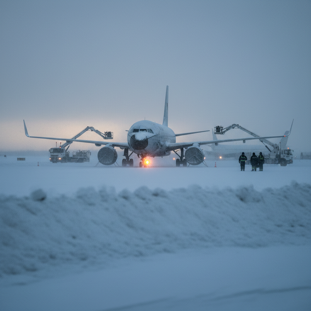 Grounded plane in adverse weather — weather-delay context